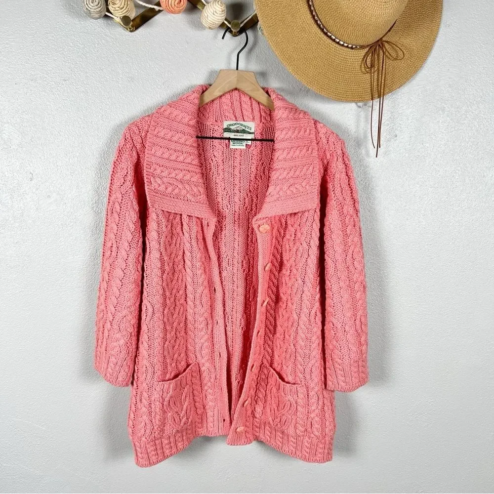 Aran Crafts Merino Wool Fisherman Cable Knit Cardigan Sweater Pink Large